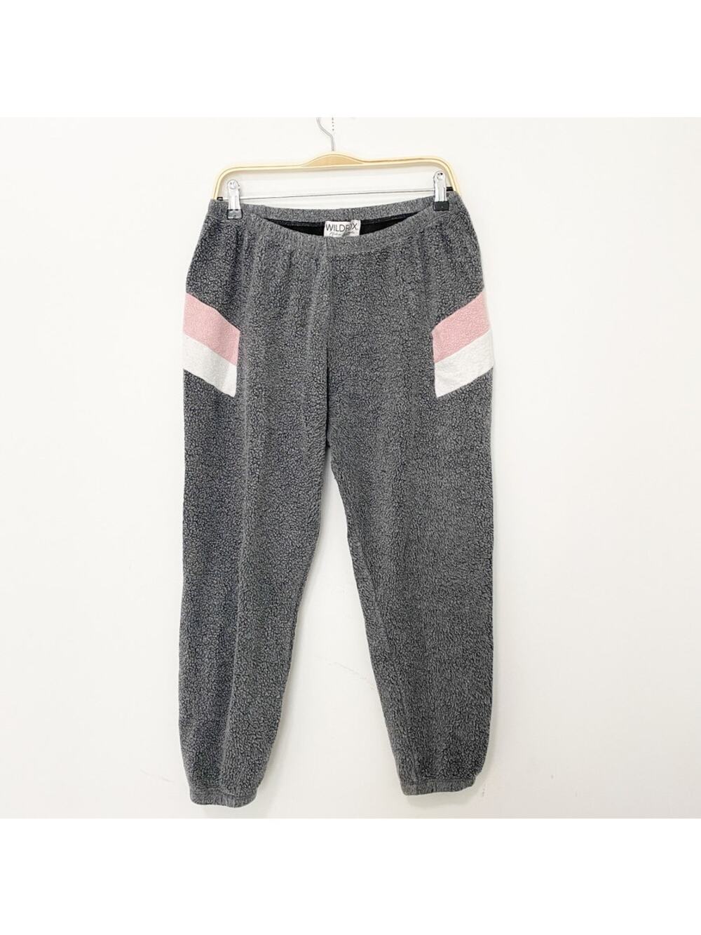 Wildfox Gray & Pink Stripe Fuzzy Jogger Sweatpants Size Large